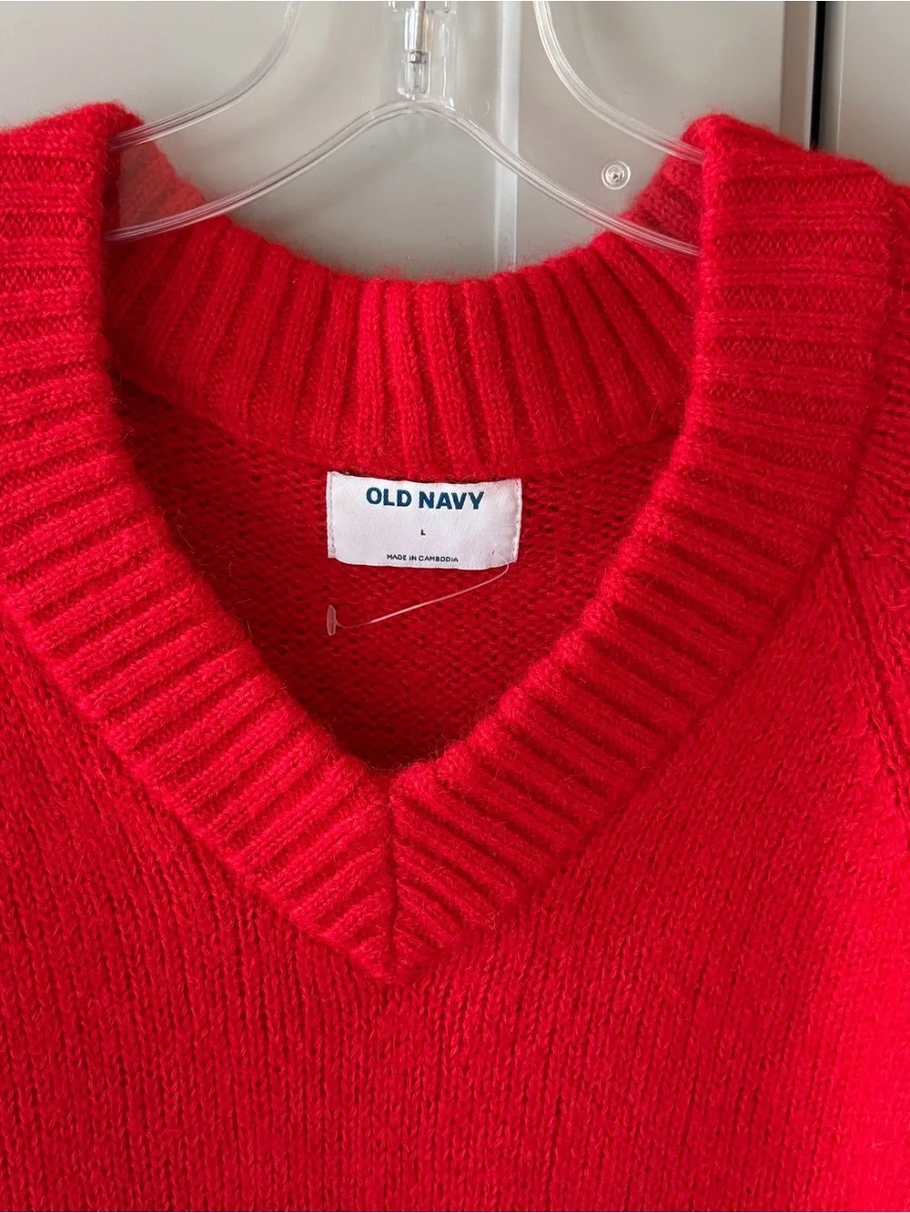 Old Navy Red Sweater LG Cropped Ribbed V-Neck Collar Wool Blend Soft Layering